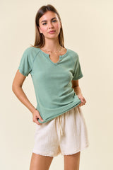 Light Olive Ribbed Split Neckline Short Sleeve Top