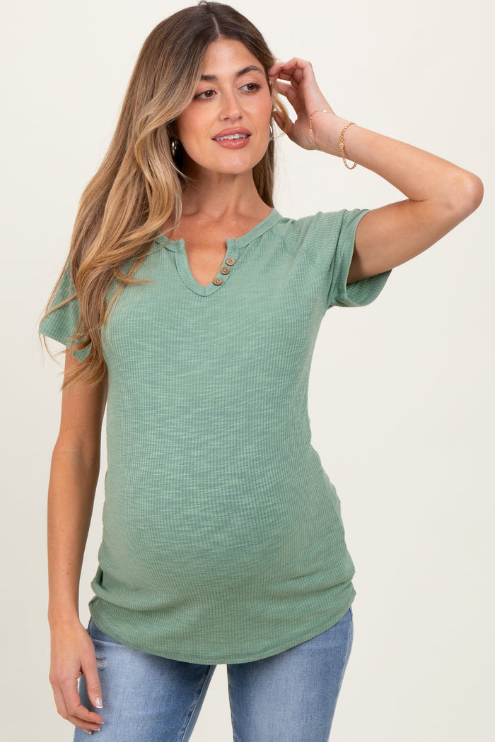 Light Olive Ribbed Split Neckline Short Sleeve Maternity Top