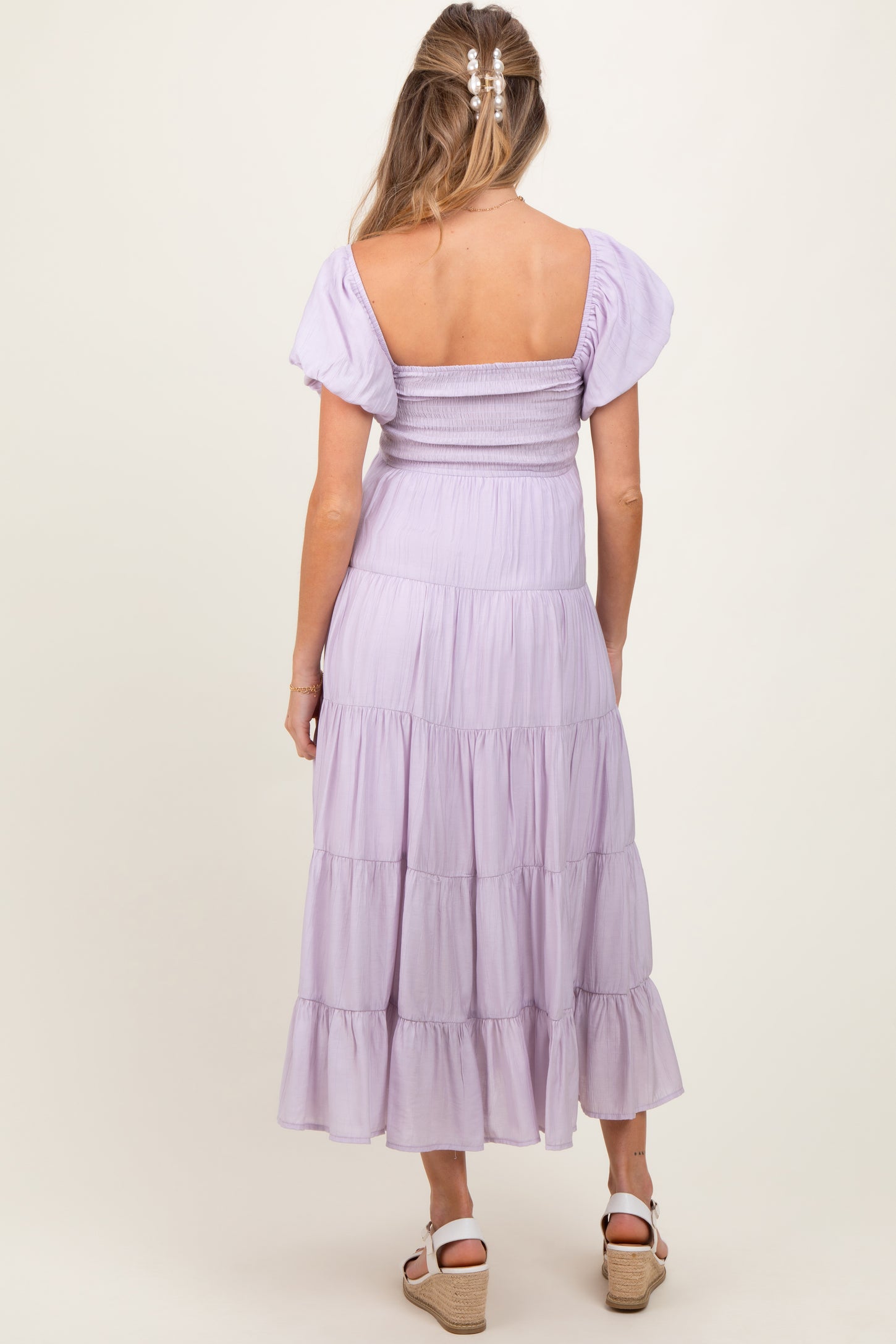 Lavender Smocked Puff Sleeve Tiered Maternity Maxi Dress