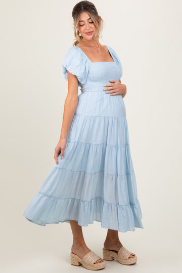Light Blue Smocked Puff Sleeve Tiered Maternity Maxi Dress