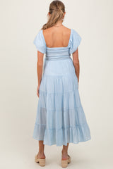 Light Blue Smocked Puff Sleeve Tiered Maternity Maxi Dress