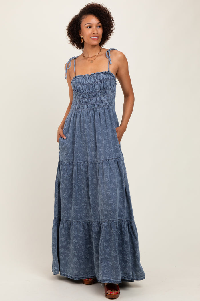 Navy Floral Denim Smocked Tiered Maternity Maxi Dress