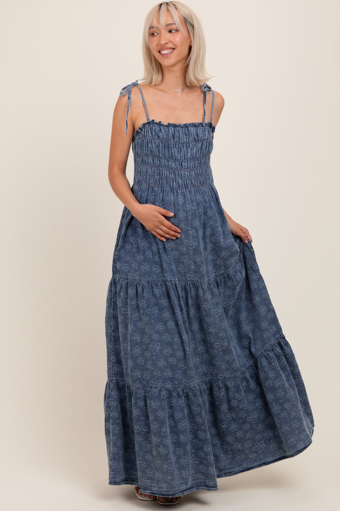 Navy Floral Denim Smocked Tiered Maternity Maxi Dress