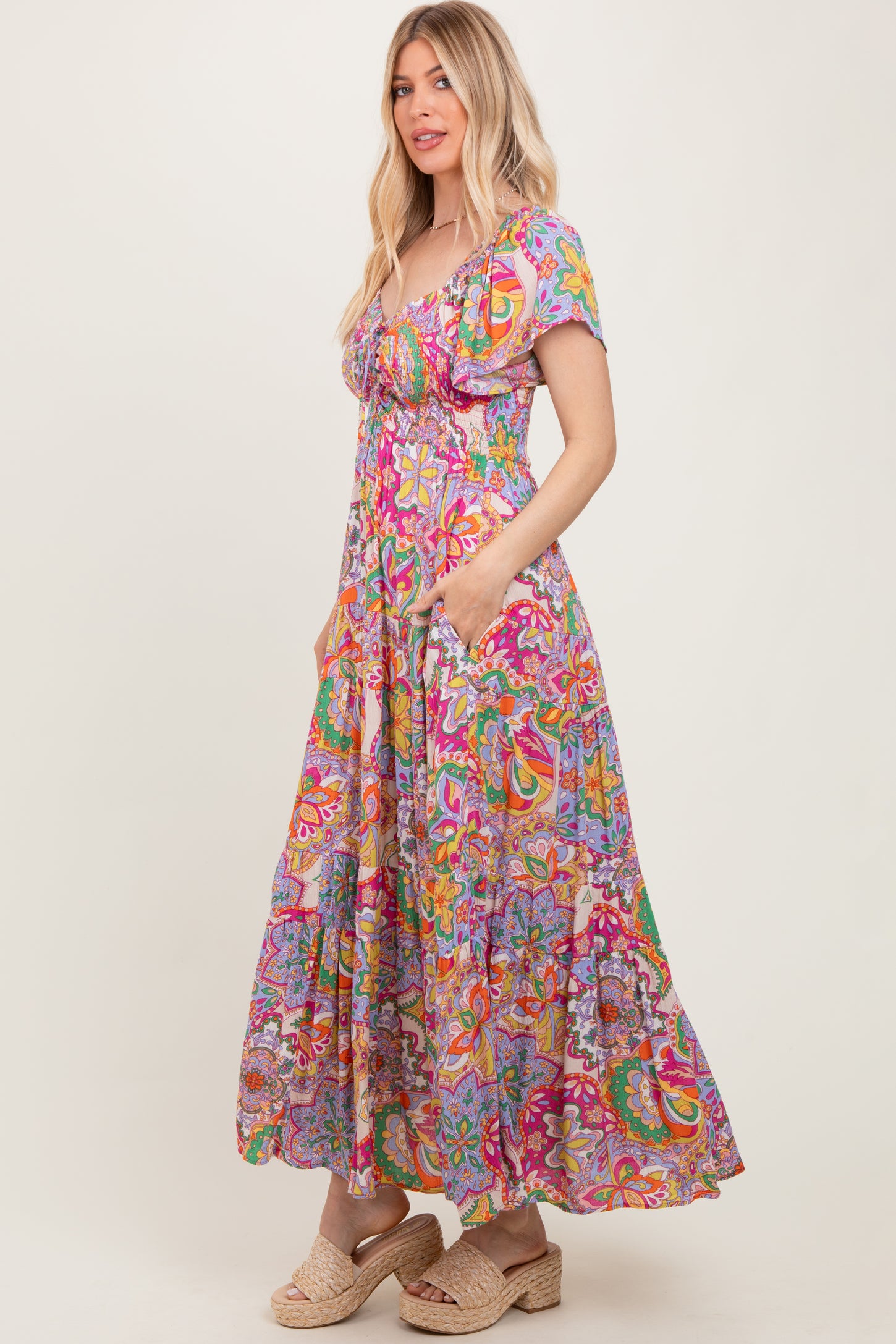 Lavender Floral Paisley Smocked Tiered Maxi Dress