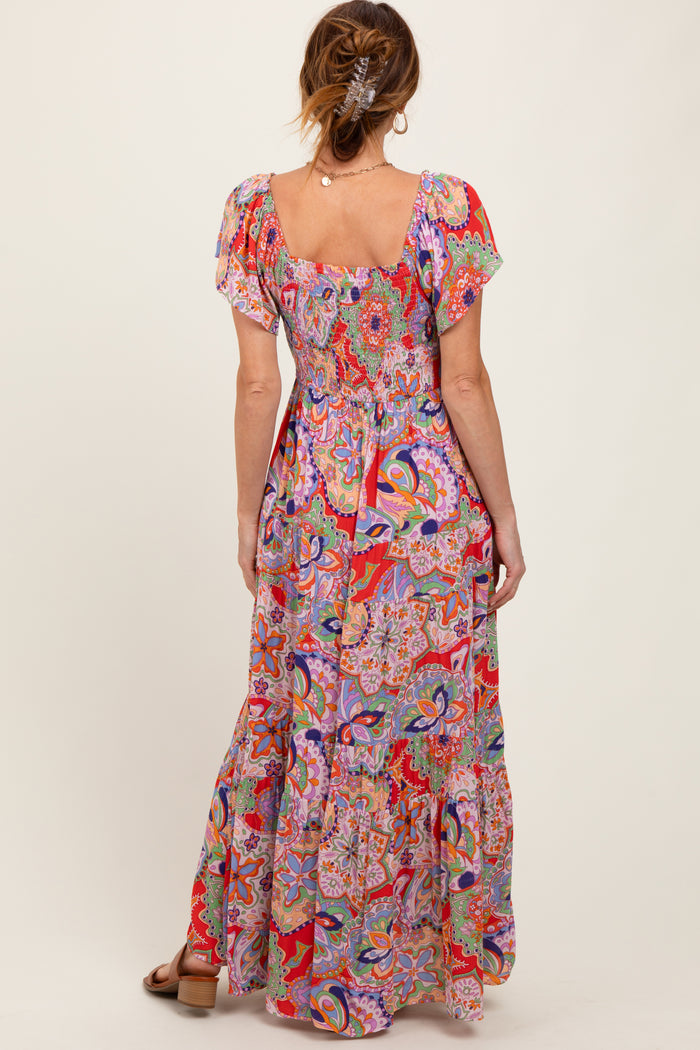 Red Floral Paisley Smocked Tiered Maxi Dress