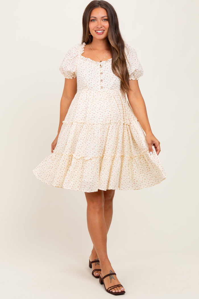 Cream Printed Button Up Ruffle Tiered Maternity Dress
