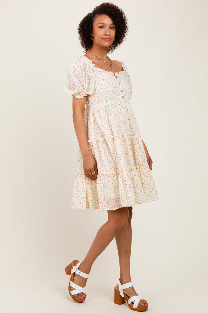 Cream Printed Button Up Ruffle Tiered Dress