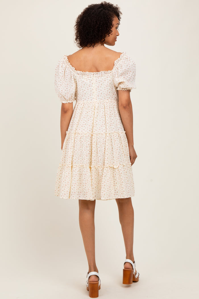 Cream Printed Button Up Ruffle Tiered Dress