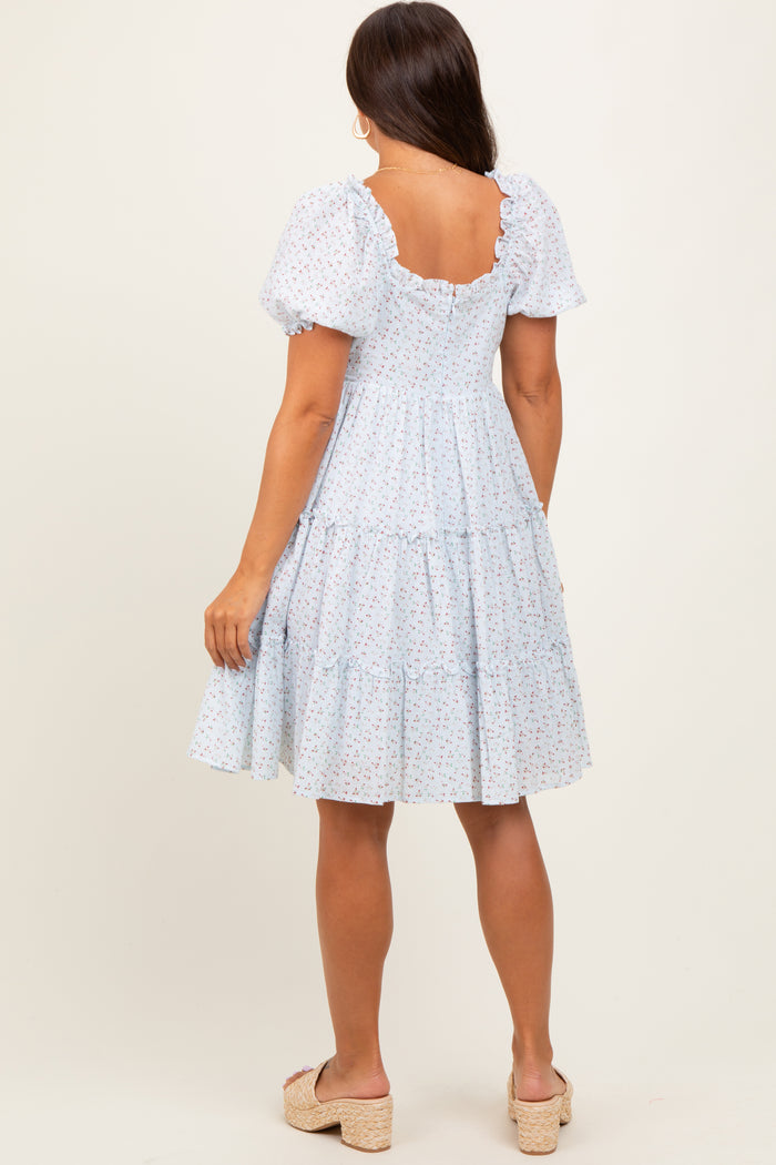 Light Blue Printed Button Up Ruffle Tiered Maternity Dress