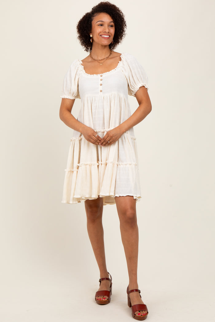Cream Button Up Ruffle Tiered Dress