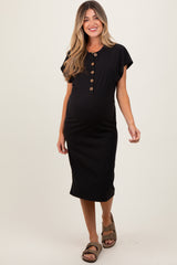 Black Solid Ribbed Short Sleeve Button Down Knit Maternity Midi Dress