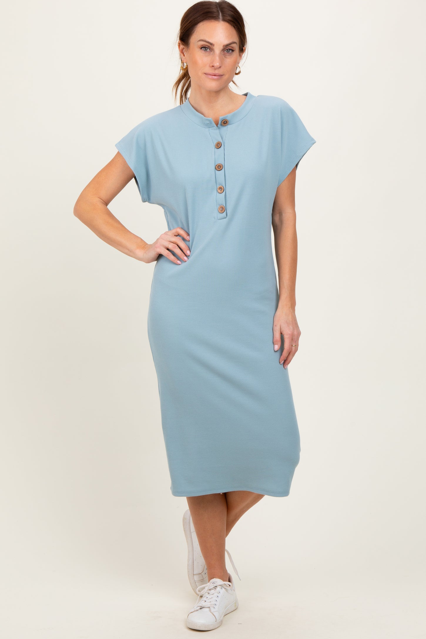 Blue Solid Ribbed Short Sleeve Button Down Knit Midi Dress