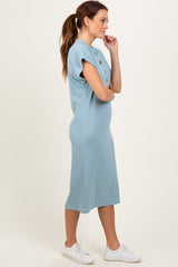 Blue Solid Ribbed Short Sleeve Button Down Knit Midi Dress
