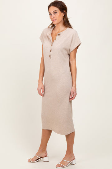 Beige Solid Ribbed Short Sleeve Button Down Knit Midi Dress