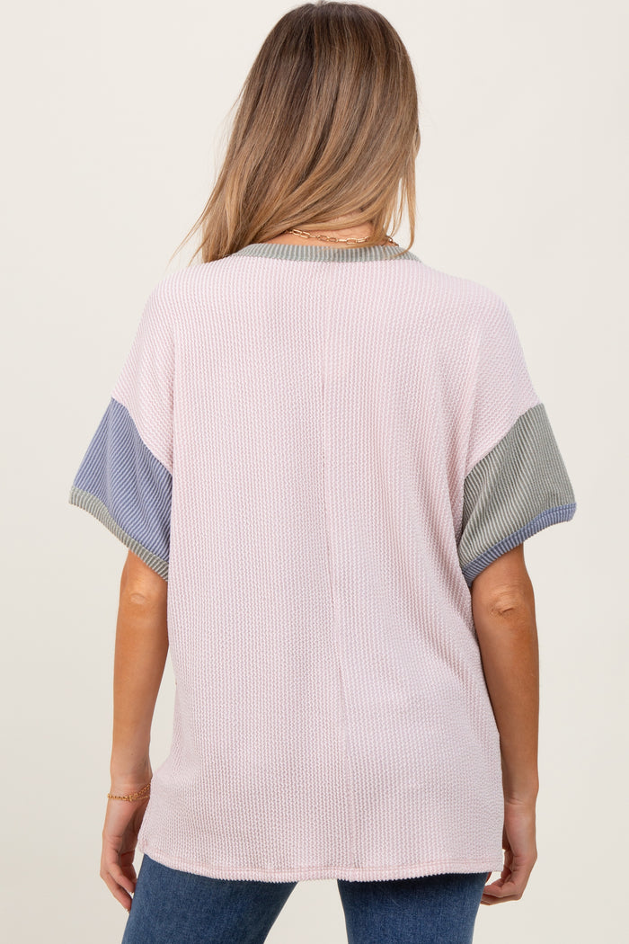 Peach Solid Ribbed Color Block Short Sleeve Maternity Tunic Top
