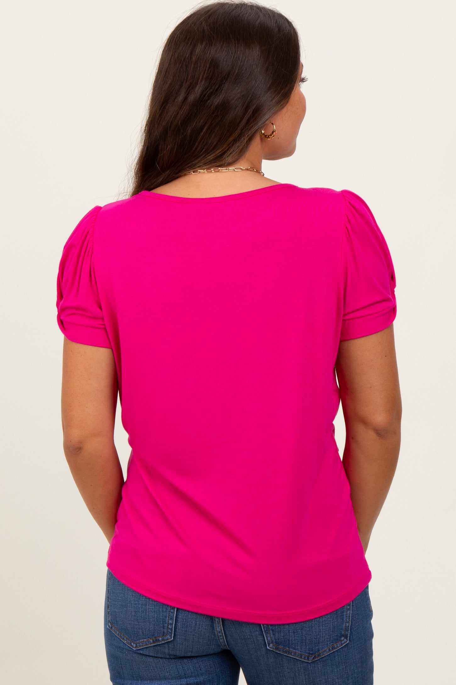 Fuchsia Basic Crew Neck Puff Sleeve Maternity Top