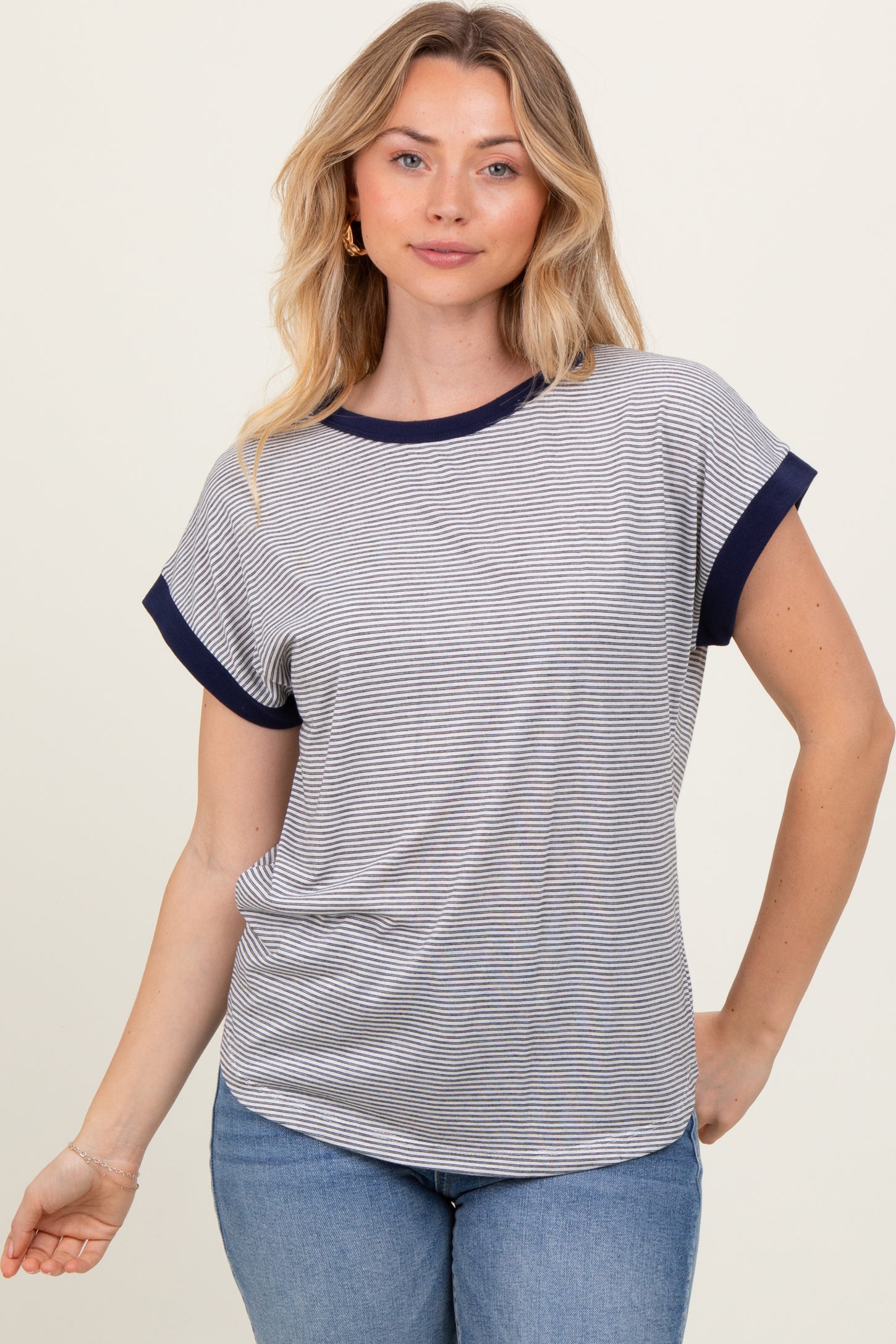 Black Pinstripe Contrast Trim Short Sleeve Tee