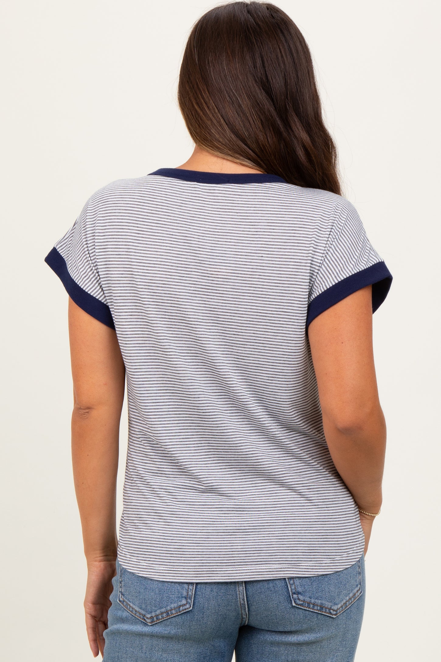 Black Pinstripe Contrast Trim Short Sleeve Maternity Tee