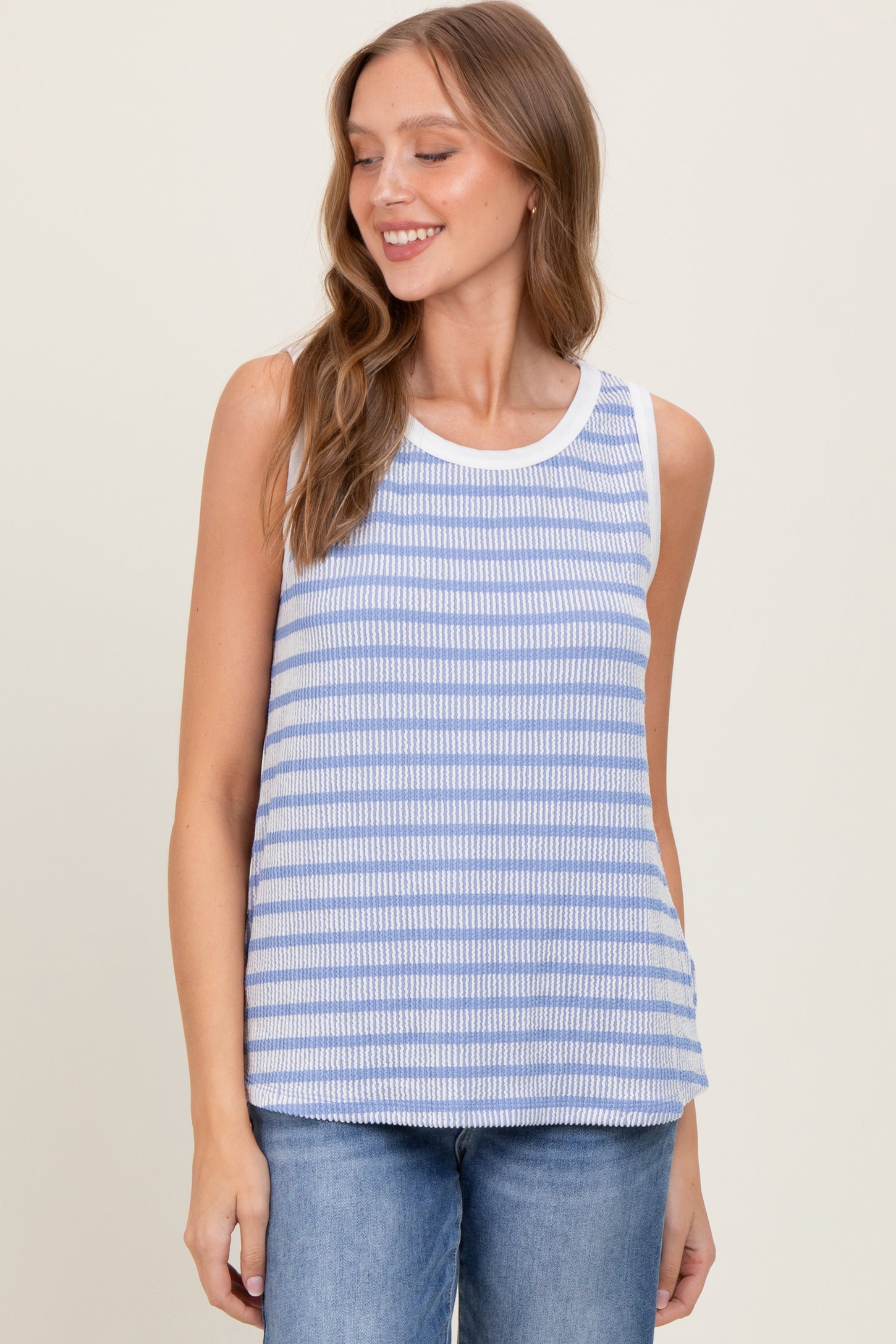 Blue Textured Striped Sleeveless Top