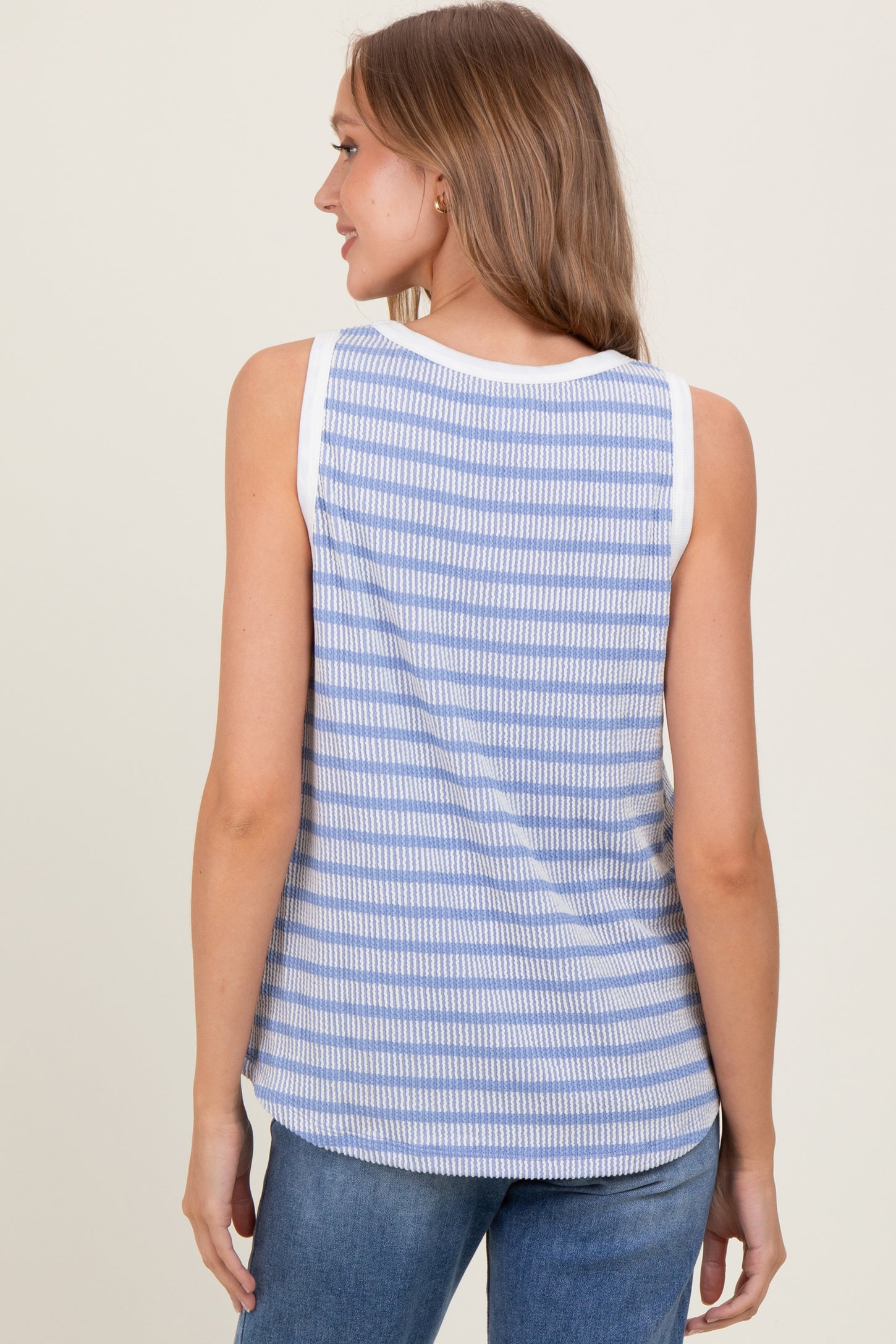 Blue Textured Striped Sleeveless Top