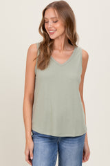 Light Olive Pointelle Knit V-Neck Sleeveless Maternity Top