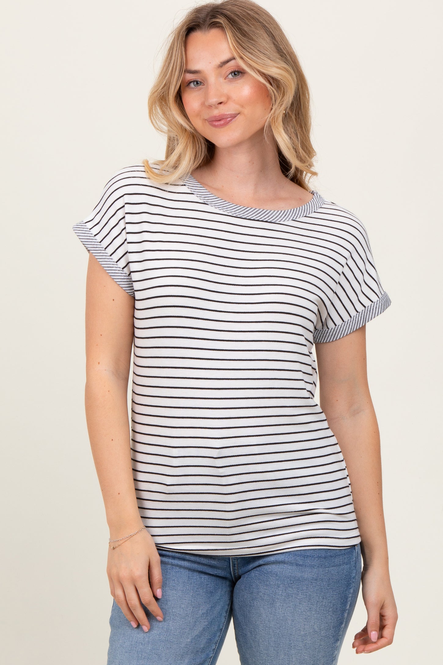 Black Pinstripe Soft Terry Short Sleeve Top