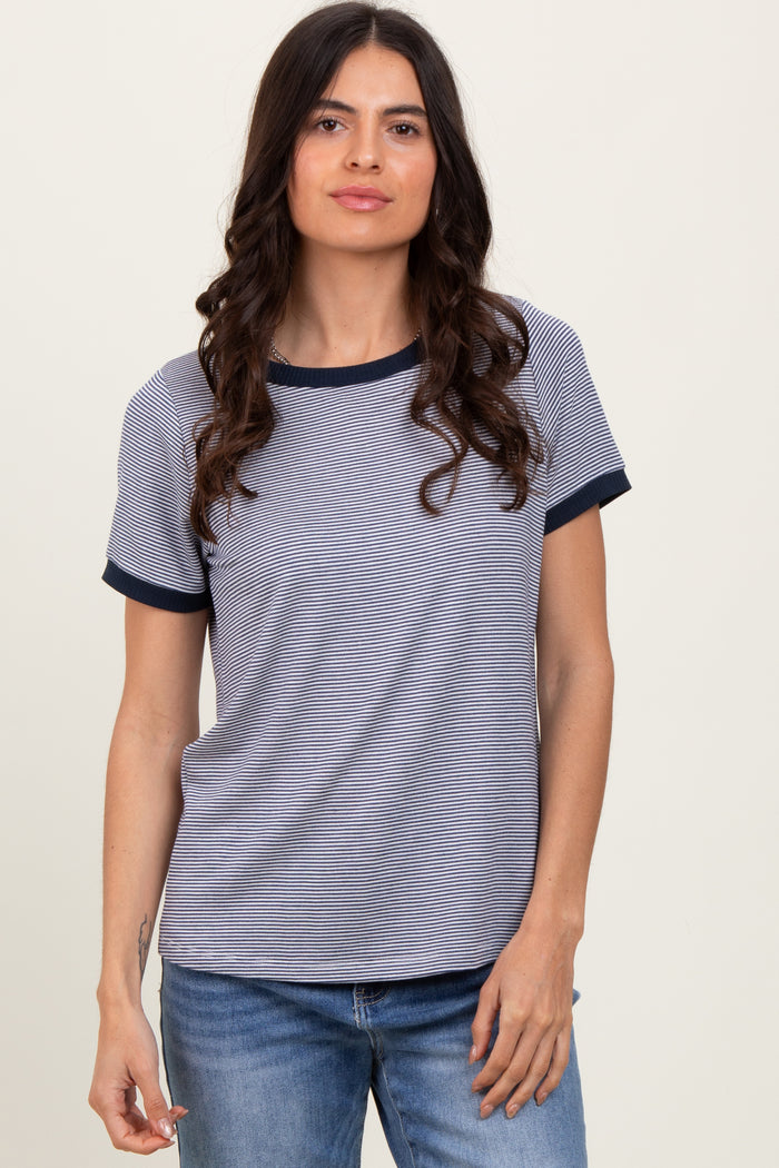 Navy Pinstripe Contrast Trim Tee