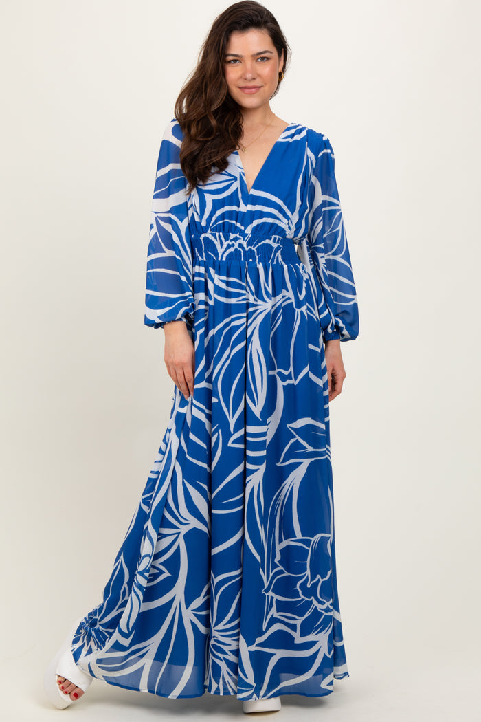 Navy Floral Smocked Waist Long Sleeve Maternity Maxi Dress