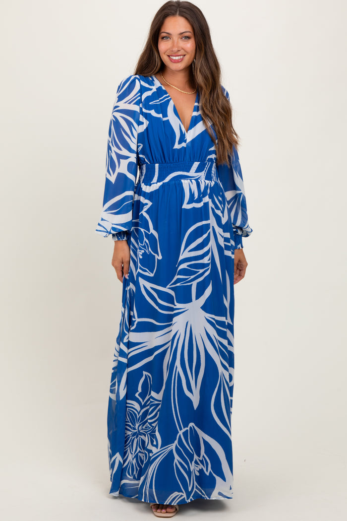 Navy Floral Smocked Waist Long Sleeve Maternity Maxi Dress