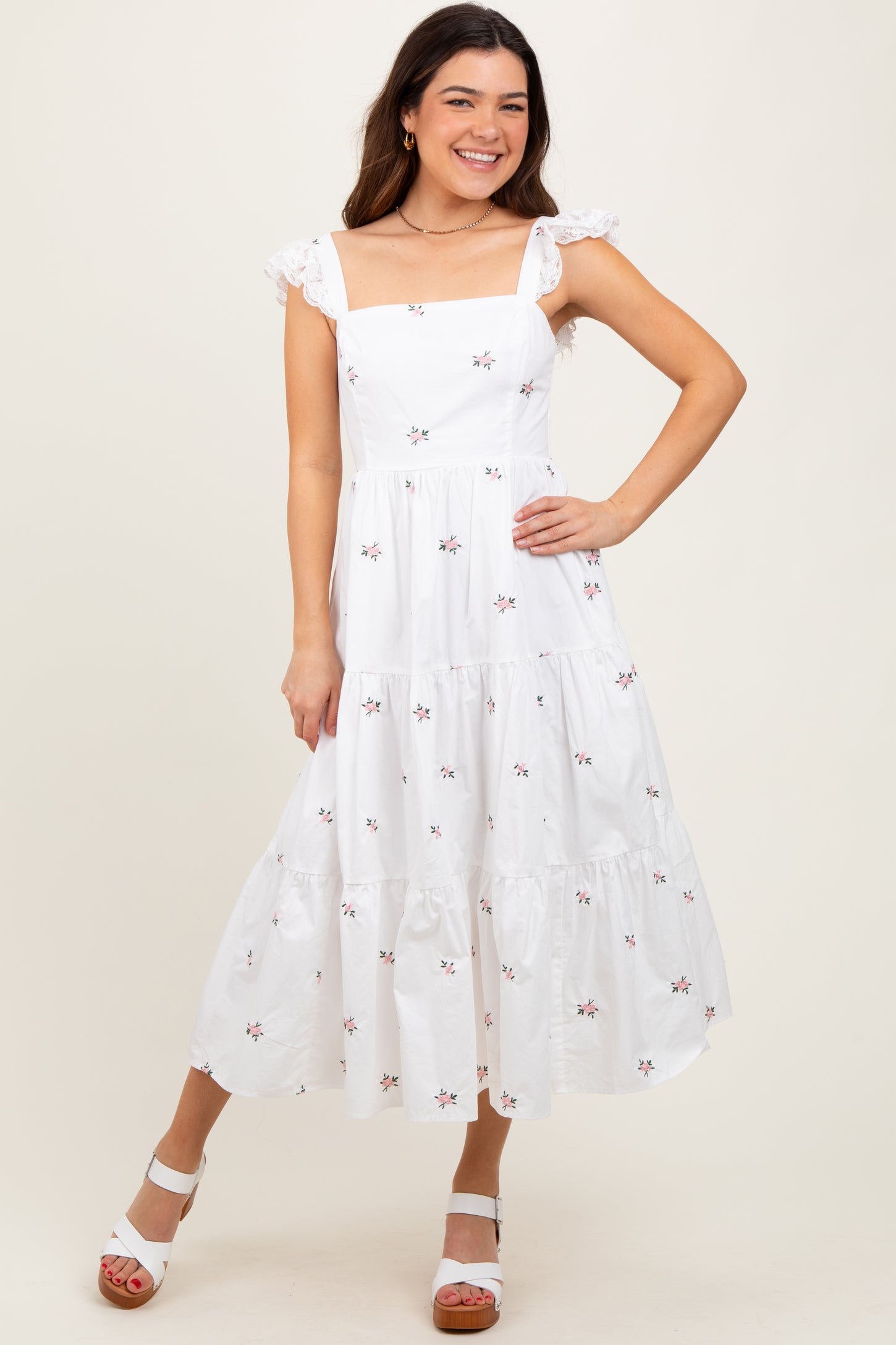 White Floral Embroidered Tiered Maternity Midi Dress
