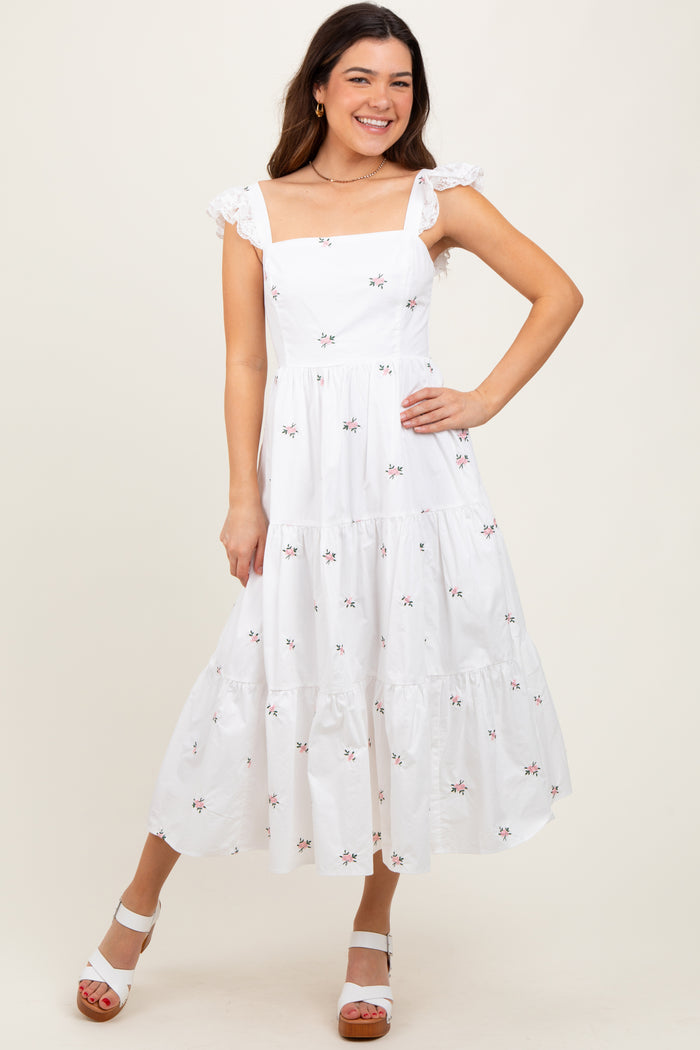 White Floral Embroidered Tiered Maternity Midi Dress