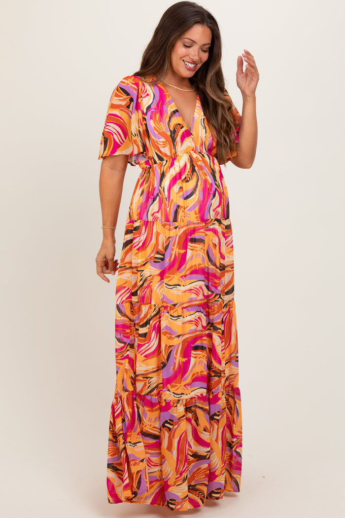 Magenta Brushstroke Print Tiered Maternity Maxi Dress