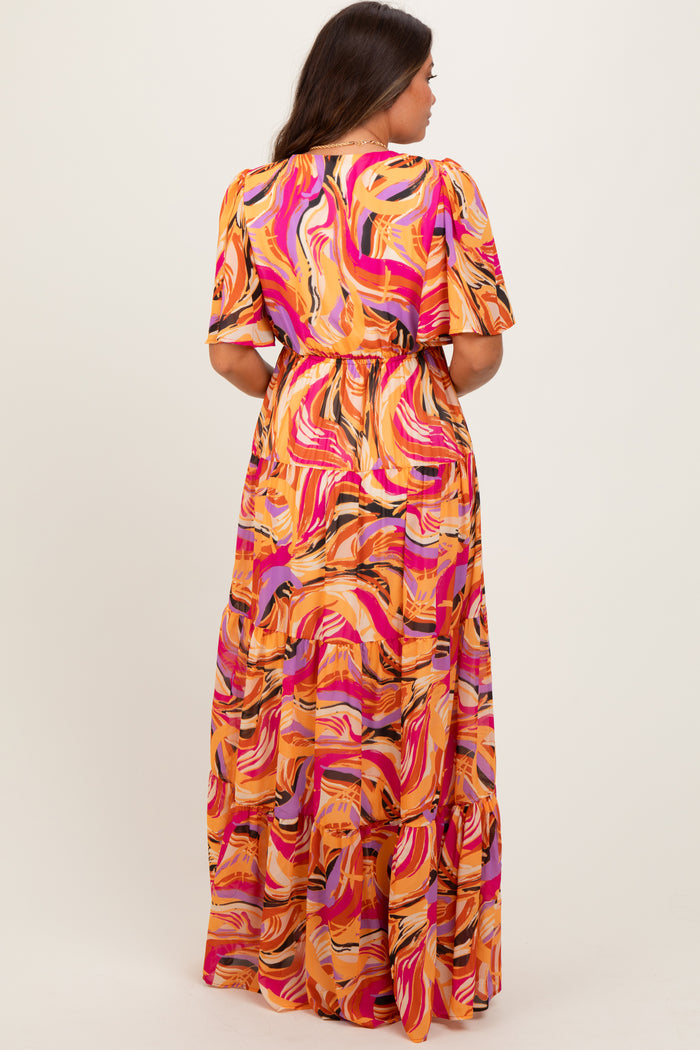Magenta Brushstroke Print Tiered Maternity Maxi Dress
