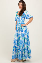 Blue Floral Smocked Puff Sleeve Maxi Dress