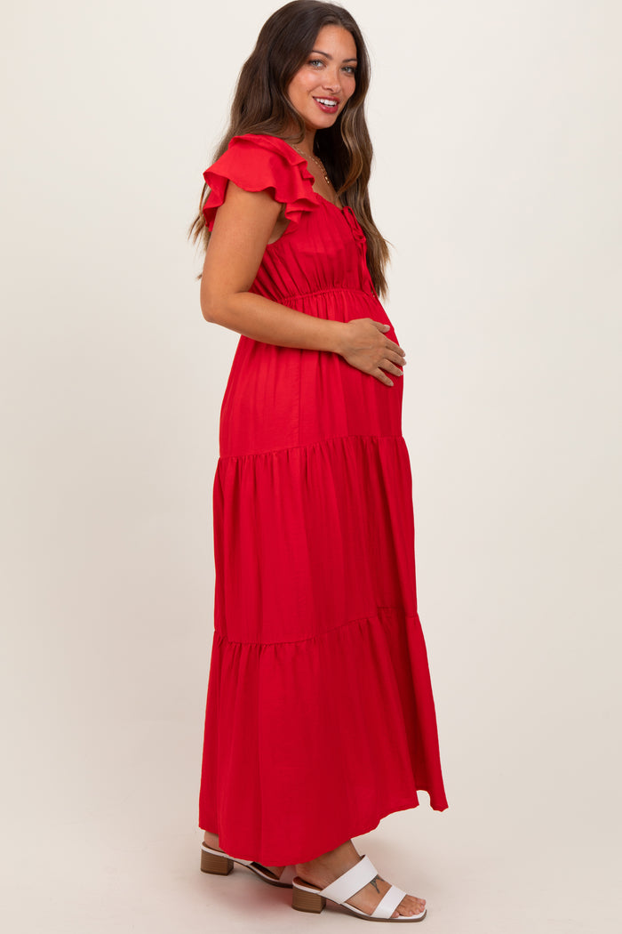 Red Layered Flutter Sleeve Tiered Maternity Maxi Dress