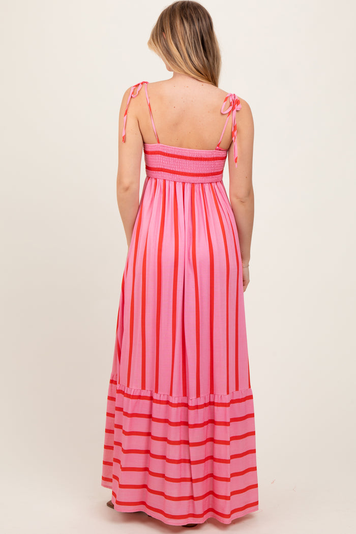 Pink Striped Shoulder Tie Maxi Dress