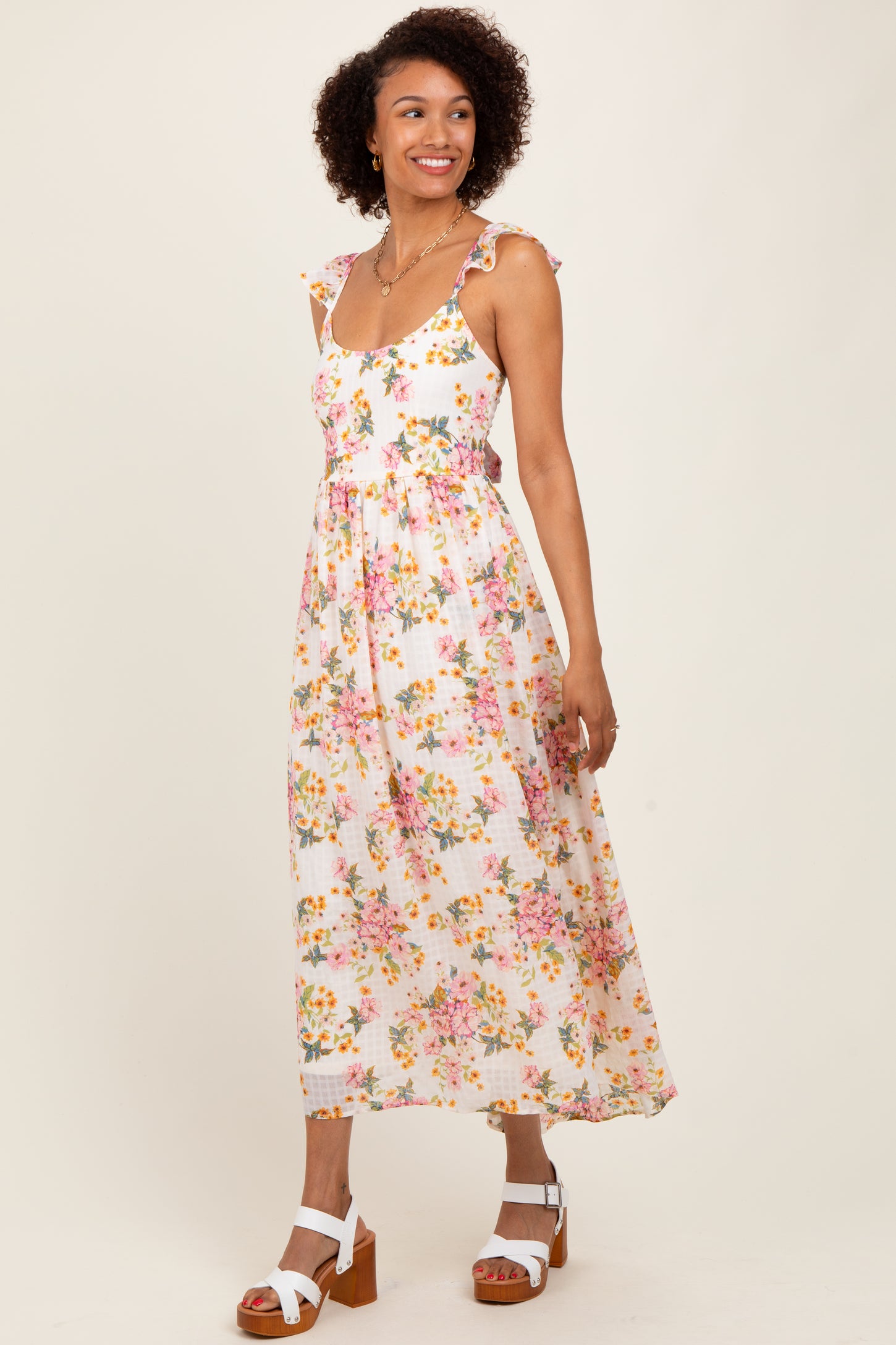 Cream Floral Cutout Tie Back Midi Dress