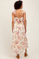 Cream Floral Cutout Tie Back Midi Dress