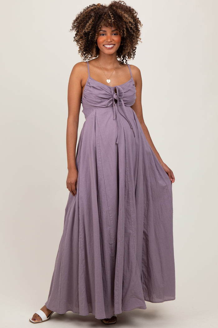 Purple Gathered Tie Front Maternity Maxi Dress