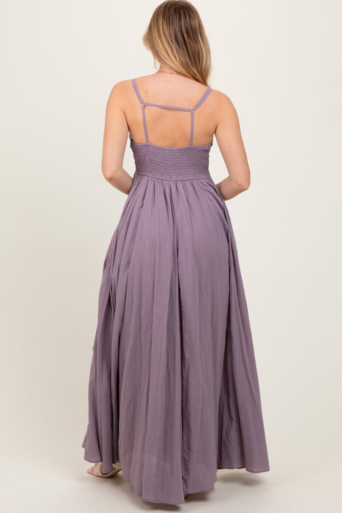Purple Gathered Tie Front Maxi Dress