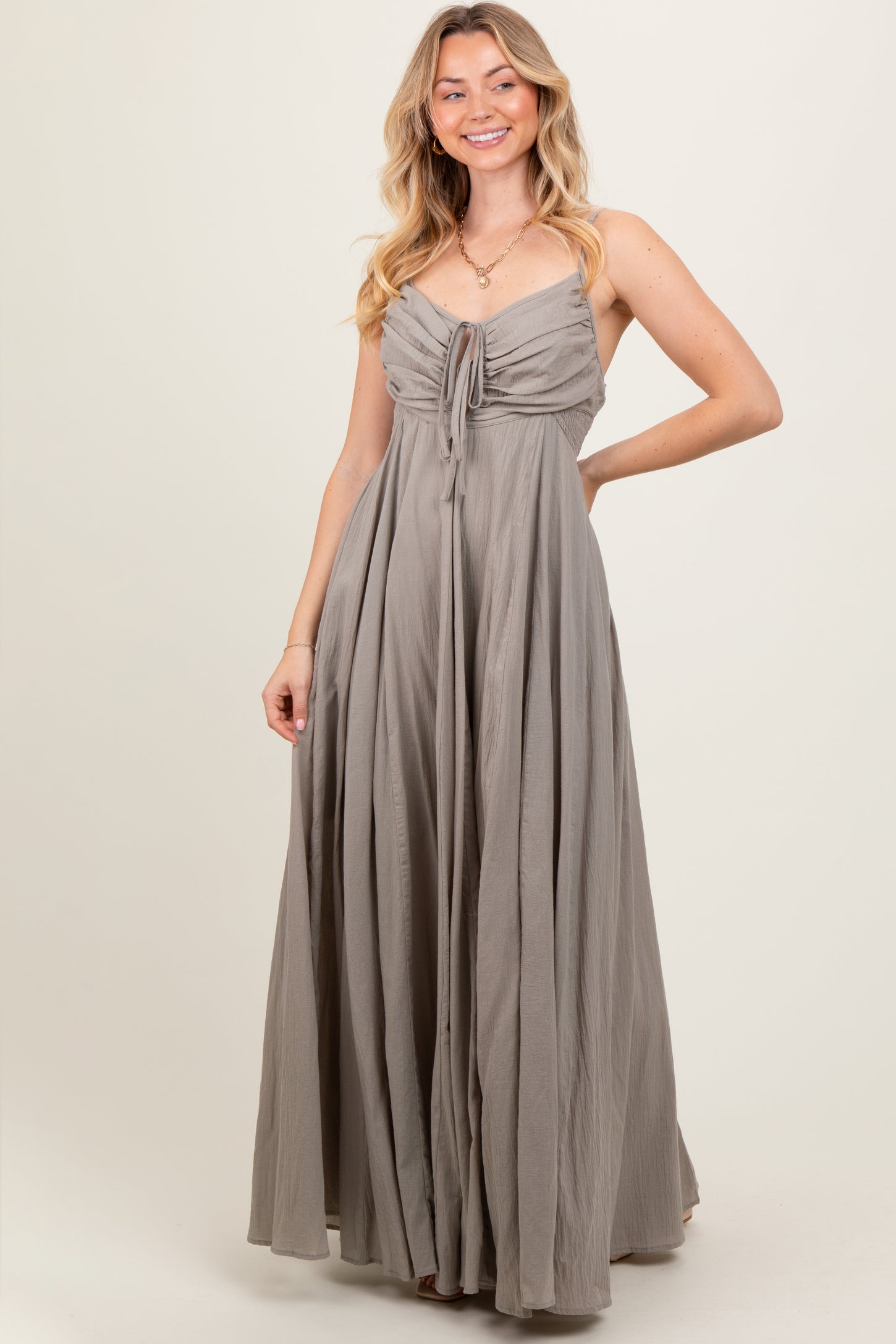 Light Olive Gathered Tie Front Maternity Maxi Dress