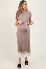 Mocha Ribbed Knit Pleated Maternity Midi Dress
