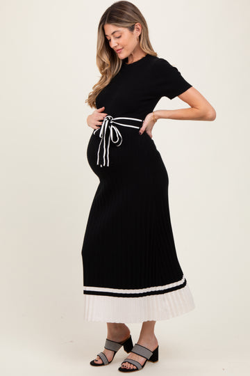 Black Ribbed Knit Pleated Maternity Midi Dress