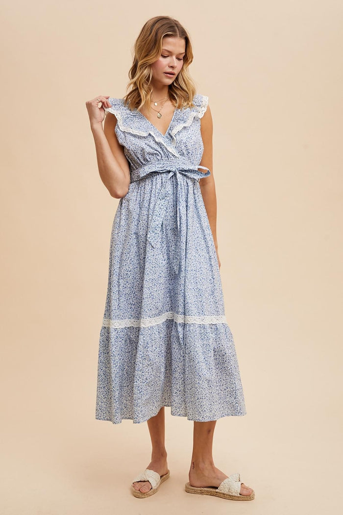Light Blue Ruffled Floral Cotton Maxi Dress