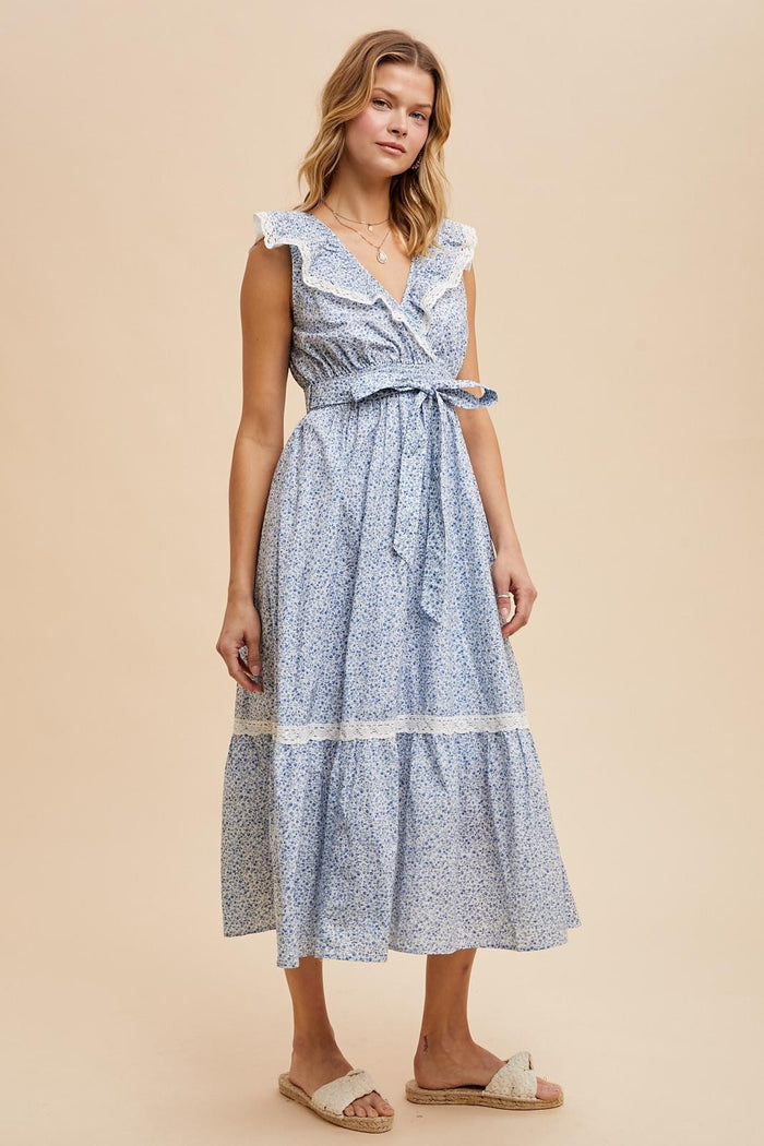 Light Blue Ruffled Floral Cotton Maxi Dress