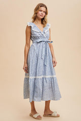 Light Blue Ruffled Floral Cotton Maxi Dress