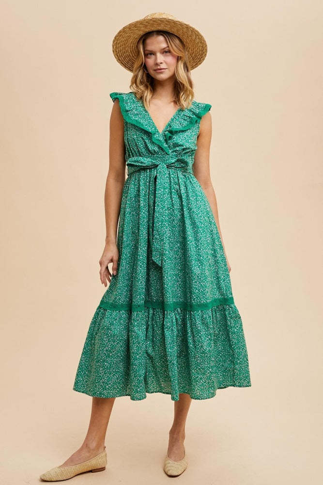 Green Ruffled Floral Cotton Maxi Dress