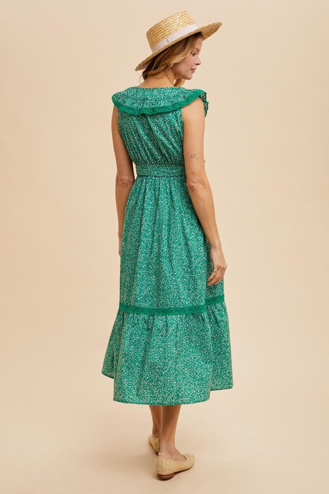 Green Ruffled Floral Cotton Maxi Dress