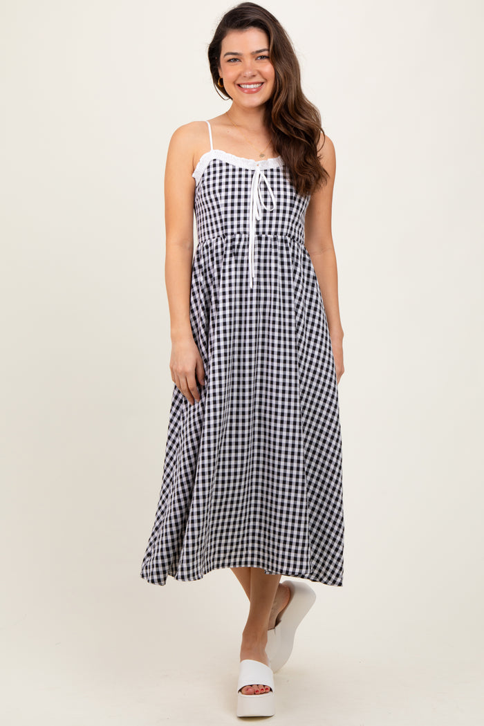 Black Gingham Smocked Trim Maternity Midi Dress