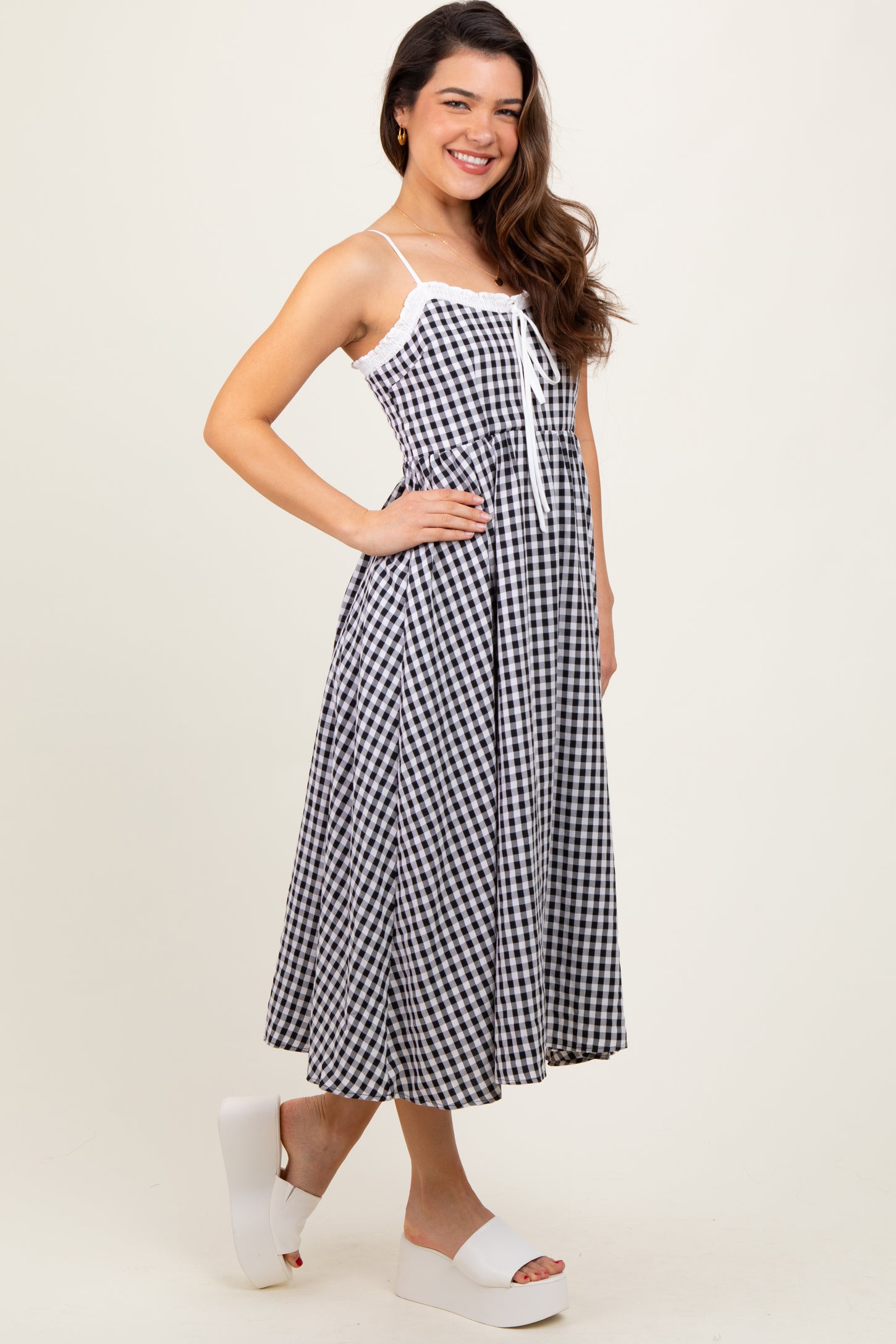 Black Gingham Smocked Trim Midi Dress